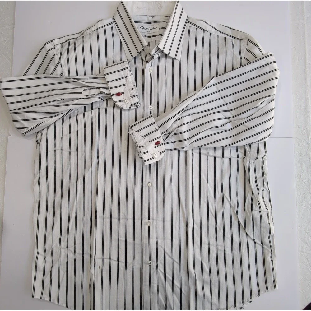 Robert Graham Flip Cuff Long Sleeve Shirt Mens 2XL 18 46 White Black Stripe